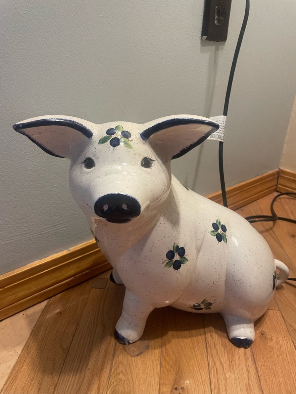 2 Large Ceramic Pig Figurines with blueberry motif. Handcrafted in Maine